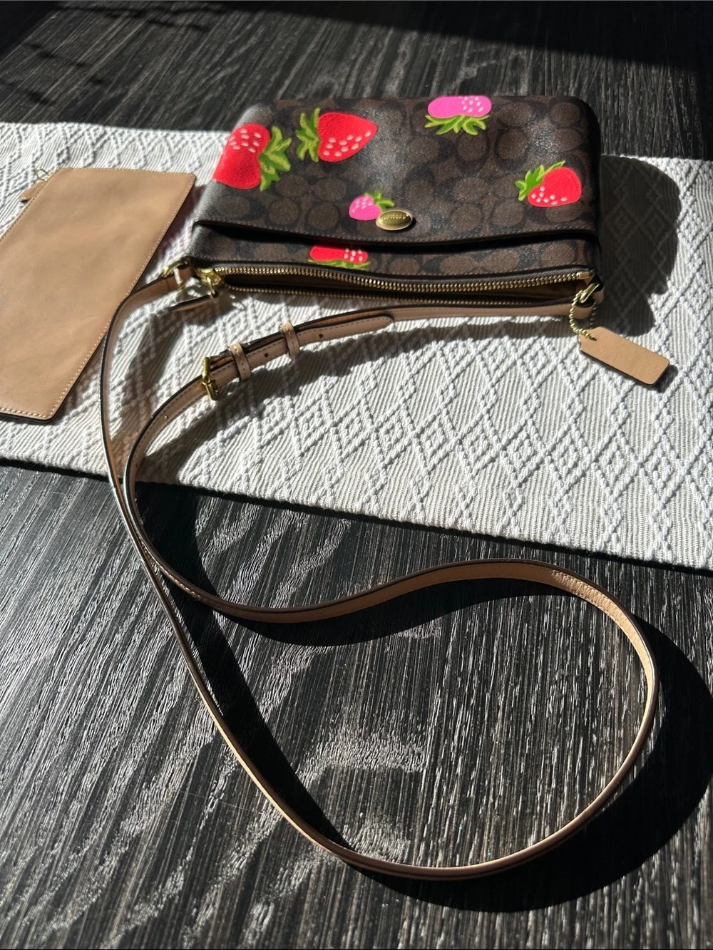 Coach Duo Dark Brown Signature Strawberries Coated Leather Crossbody Bag & Pouch